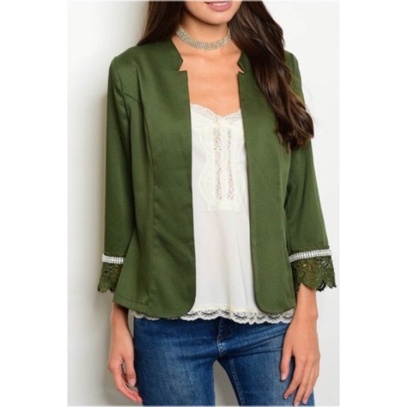 Jackets & Blazers - Autumn Green with Pearl Crochet Cuffs Blazer